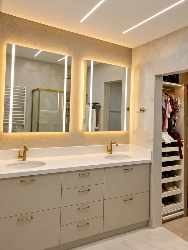 Banheiro integrado ao closet com espelhos de LED