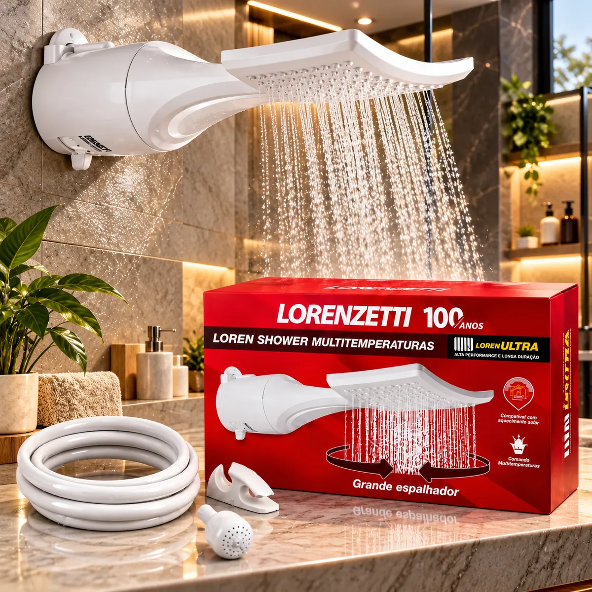 Chuveiro Lorenzetti Loren Shower com a caixa, vendido pela Farias