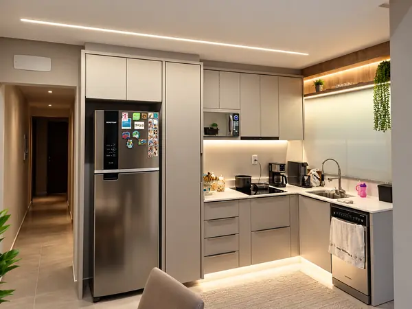 Cozinha planejada com fita de LED sob os armários e no rodapé