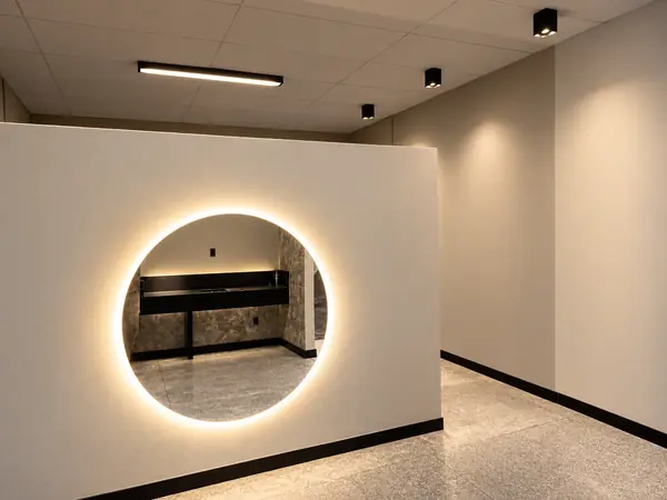 Espaço comercial com espelho redondo iluminado por LED