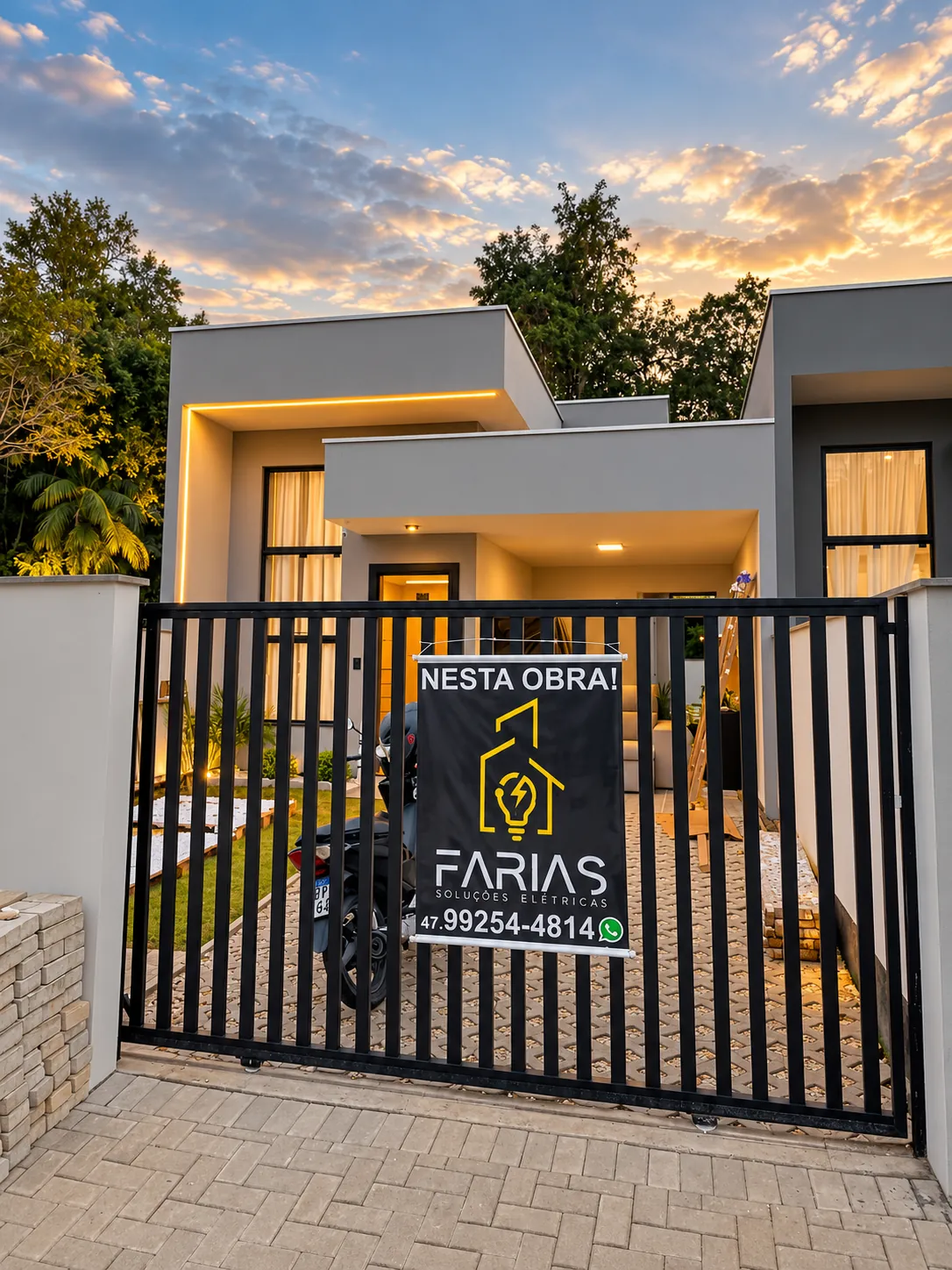 Fachada de casa ao entardecer, com a placa Nesta obra Farias Soluções Elétricas