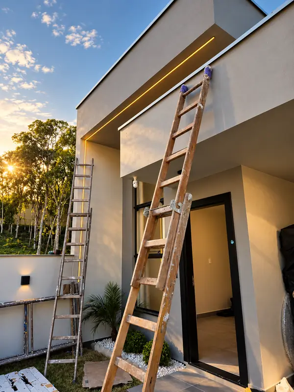 Fachada em obra com escadas e perfil de LED instalado