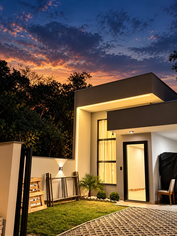 Casa térrea com perfil de LED na fachada ao pôr do sol