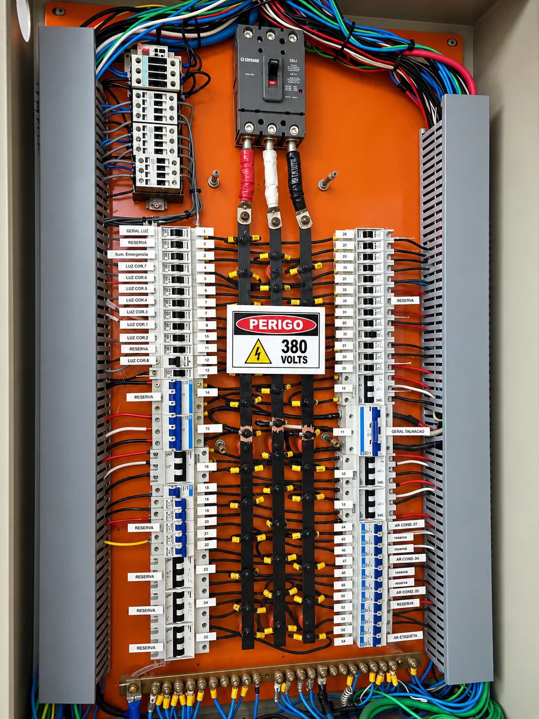 Quadro de distribuição de 380 volts com circuitos identificados e fiação organizada
